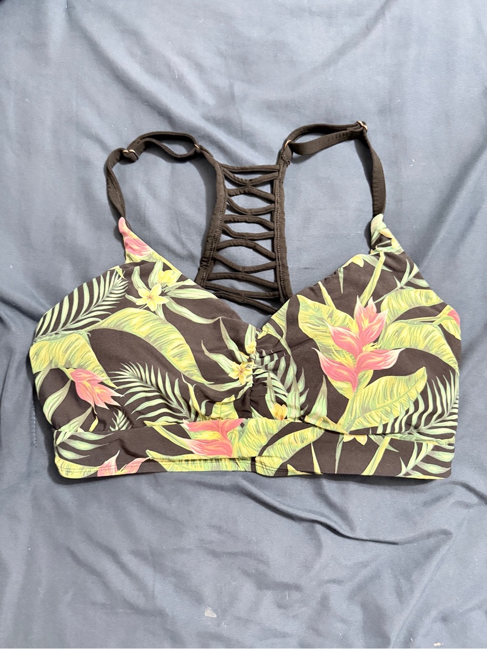 CALIA Tropical Leaf Strappy Bralette - Black/Green/Pink